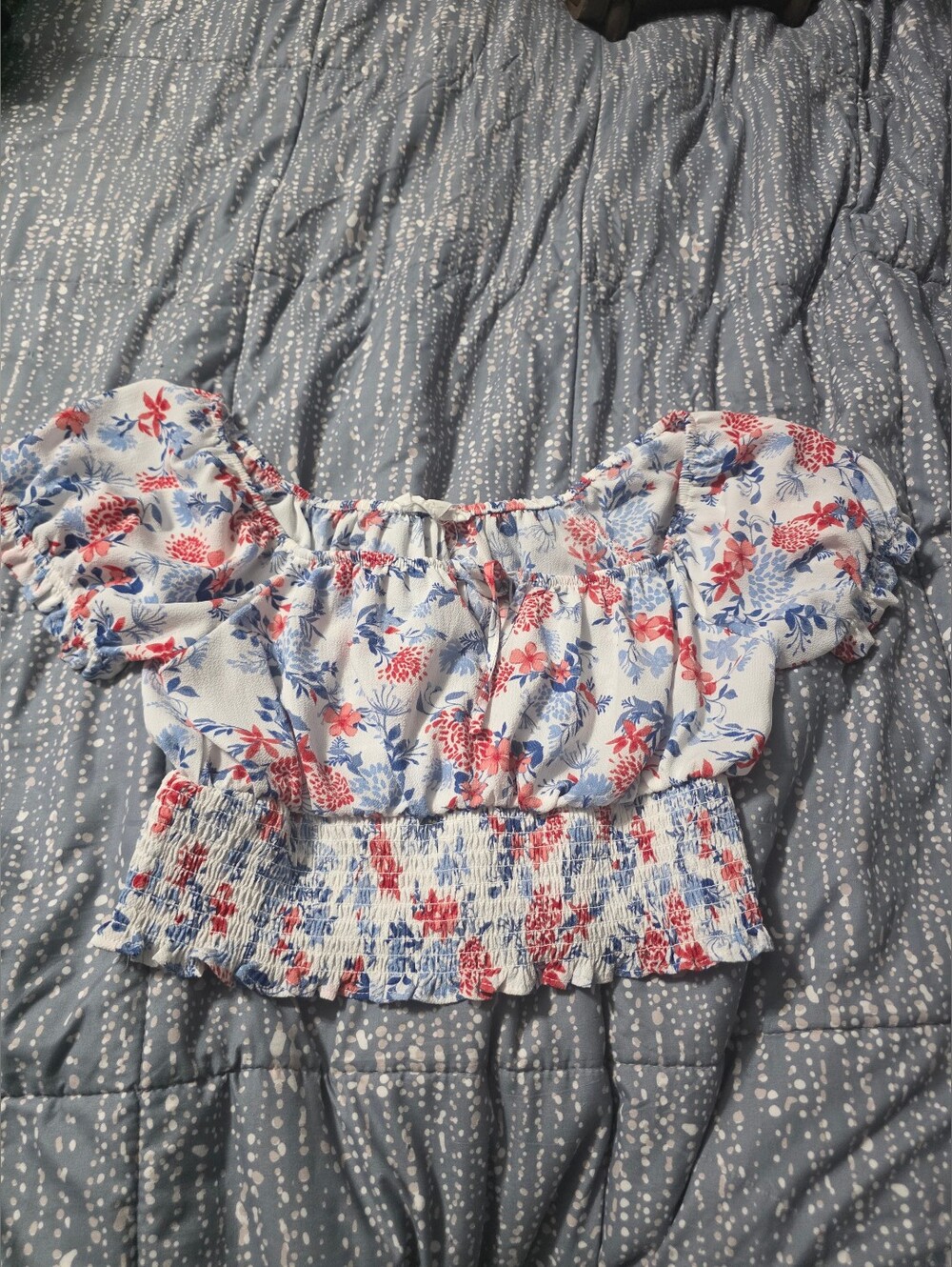 Pink Rose White Off-Shoulder Floral Smocked Crop Top